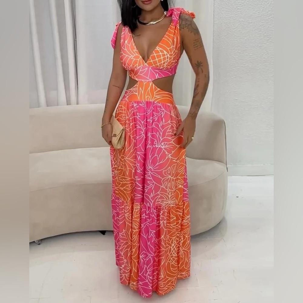 Vibrant Pink and Orange Floral Maxi Dress
